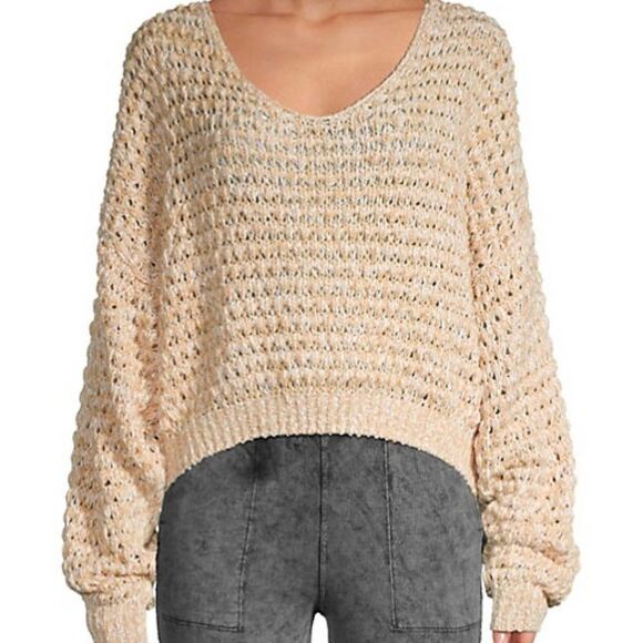 Free People Coconut Loose Weave Sandy Combo Knit Pullover Off Shoulder Hi Low - Picture 5 of 12